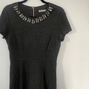 Dark Grey Fit & Flair Dress with Jewled Neckline
